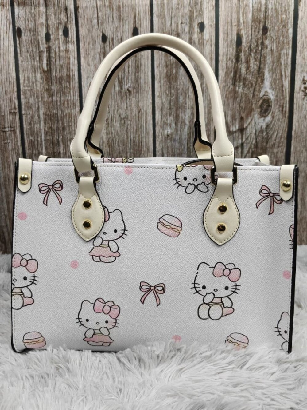 Hello Kitty Macaron Pink Bow Print Satchel Tote Bag